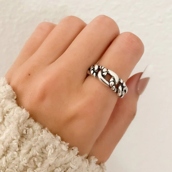 925 Sterling Silver Chunky Ring Curb Chain Ring Thick Wide Ring Band Bold Ring - Picture 1 of 6